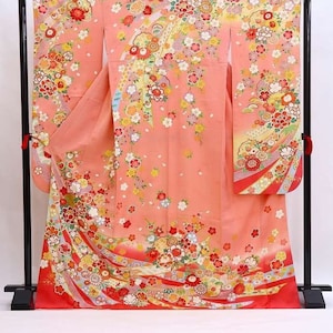 Furisode Kimono, Silk Furisode, L Kimono, Wedding Kimono Dress, Japanese Dress Long, Long Kimono, Pink Kimono Robe, Floral Kimono Robe