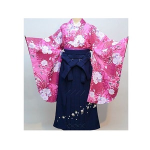 Furisode Kimono & Hakama , Jyuban, Furisode Pink, Womens Kimono, Vintage Kimono Set, Blue Hakama,
