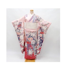 Vintage authentic kimono, Pink Furisode Kimono, Pink Furisode Floral, Kawaii Kimono Robe,