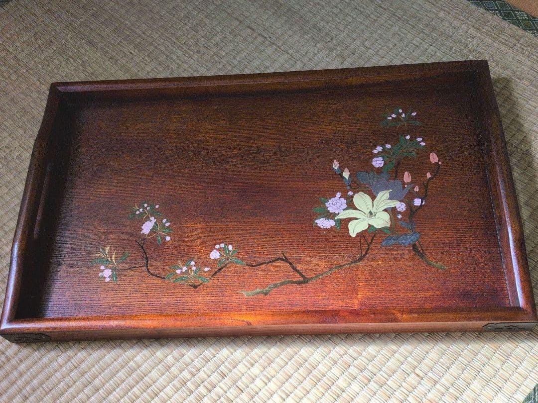 Ancien Plateau En Bois Laqué Motif Floral - Fabrication Française