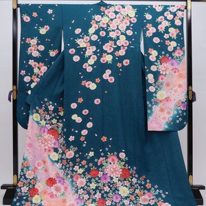 Furisode Kimono, Silk Furisode, Wedding Kimono Floral, Japanese Dress Long, Long Kimono Sleeves, Teal Green Kimono Robe, Vintage Kimono