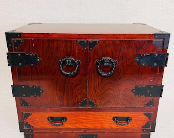 Japan Chest Tansu Wood and Leather Antique craft 1900 Interior