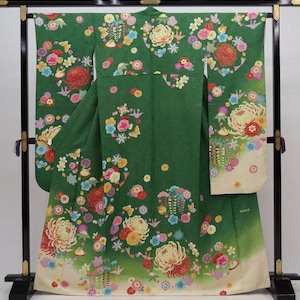 Furisode Kimono, Silk Furisode, Wedding Kimono Floral, Japanese Dress Long, Long Kimono Sleeves, Green Kimono Robe, Vintage Kimono