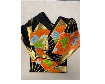 Japanese vintage obi sash belt for kimono silk Japan's traditional fabric textile Black