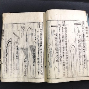Può includere: Un libro aperto con illustrazioni di spade in inchiostro nero e testo giapponese. Il testo include le parole "行先" e "近江大掾藤原行夫".