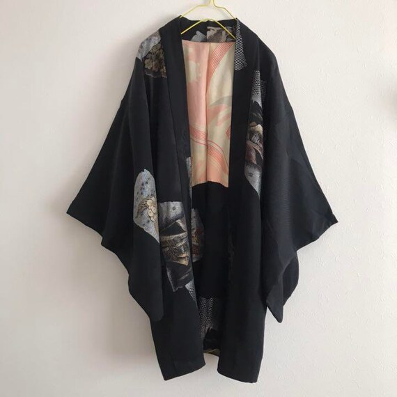 Haori Kimono, Short Kimono Silk, Black Haori Silk,