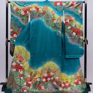 Furisode Kimono, Silk Furisode, Wedding Kimono Floral, Japanese Dress Long, Long Kimono Sleeves, Green Kimono Robe, Vintage Kimono