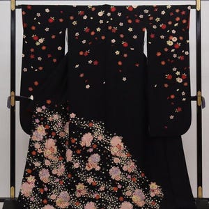 Vintage Silk Furisode Kimono, Garden Flower Pattern, Black Japanese Robe