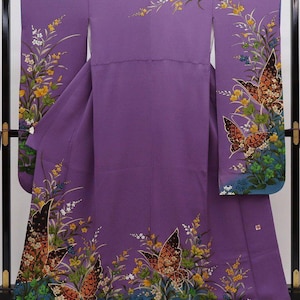 Authentic Vintage Japanese kimono, Furisode Kimono Purple, Silk Furisode, Wedding Kimono Dress, Purple Kimono Vintage,