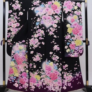 Furisode Kimono, Silk Furisode, Wedding Kimono Dress, Japanese Dress Long, Long Kimono Dress, Black Kimono Robe, Black Kimono Robe,