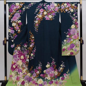 Furisode Kimono, Silk Furisode, Wedding Kimono Floral, Japanese Dress Long, Long Kimono Sleeves, Green Kimono Robe, Vintage Kimono