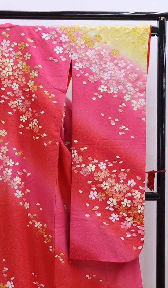 Authentic Kimono Vintage Red Bird, Furisode Red S… - image 5
