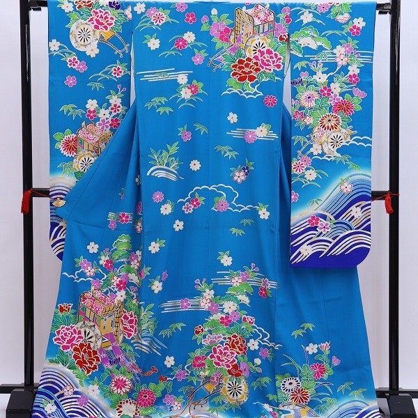 Furisode Kimono, Silk Furisode, Wedding Kimono Dress, Peony Floral Kimono, Japanese Dress Long, Long Kimono Dress, Blue Kimono Robe