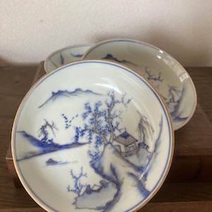 Antique Japanese Kutani ware ceramic small plate asian art set of 3