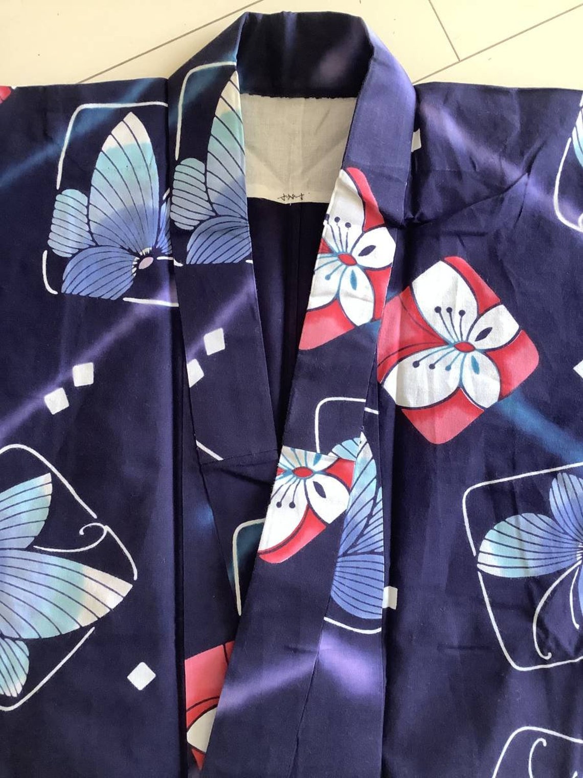 Blue Yukata Floral Yukata Cotton Kimono Robe Japanese Etsy