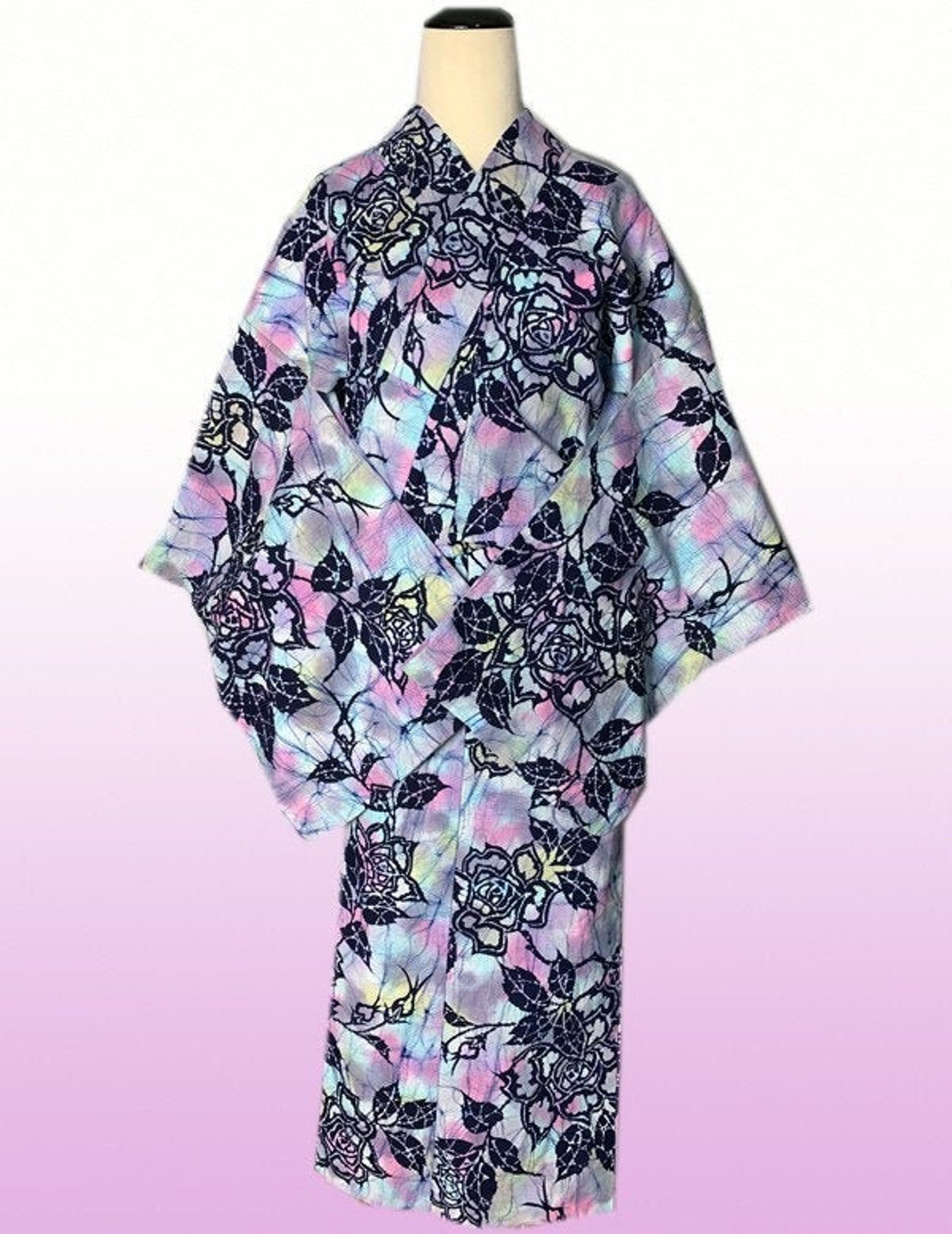 Blue Yukata Floral Yukata Cotton Kimono Robe Japanese Etsy