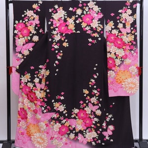 Furisode Kimono, Silk Furisode, Wedding Kimono Dress, Japanese Dress Long, Long Kimono Dress, Black Kimono Robe, Black Kimono Robe,