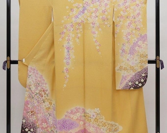 Furisode Kimono, Siden Furisode, Bröllopskimono Blommig, Japansk Klänning Lång, Långa Kimonoärmar, Gul Kimonomantel, Vintage Kimono