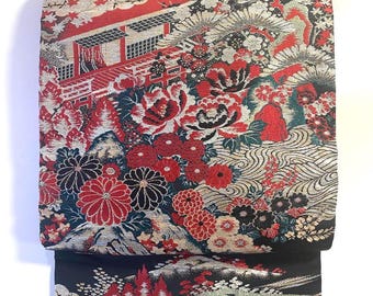 Obi Belt Kimono, Red Obi, Silk Obi Belt, Vintage Obi, Japanese Fabric, Black Obi Silk, Nagoya Obi, Sash, Zen