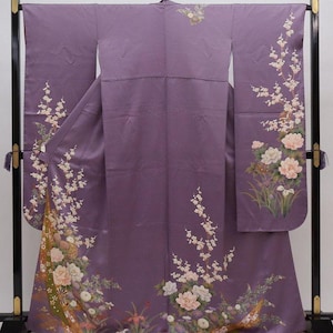 Vintage authentic kimono, Purple Furisode Kimono, Purple Furisode Floral, Kawaii Kimono Robe,