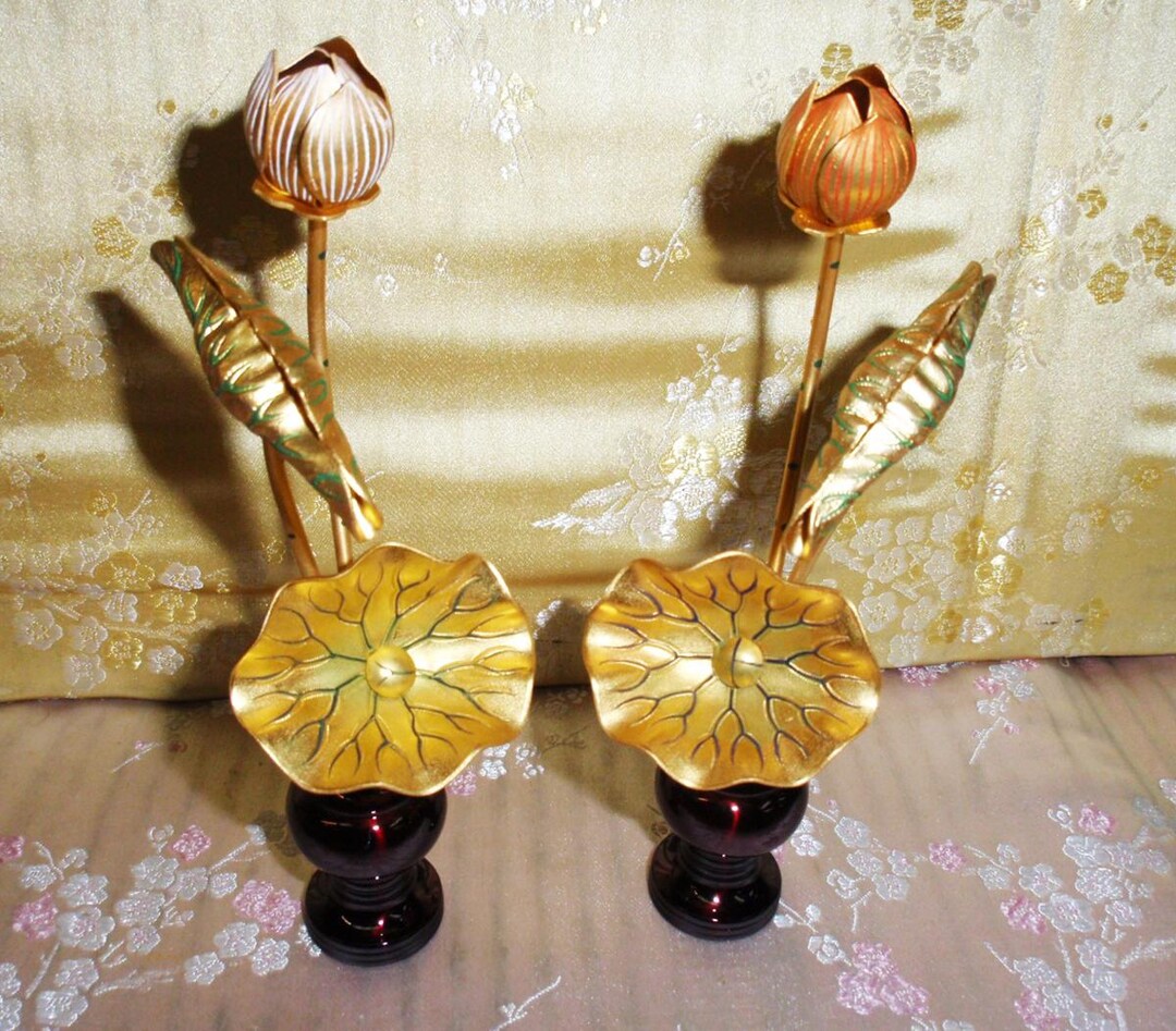 Japanese Vintage Buddhist Altar Ware Lotus Flower 175mm Tall Ornament ...