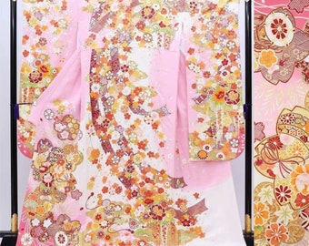 Feminine Pink Furisode Sakura Floral Kimono Made in Japan, Vintage Silk Kimono,