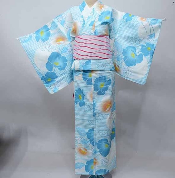 Blue Yukata Cotton Kimono Japanese Robe, Yukata From Japan, Cotton