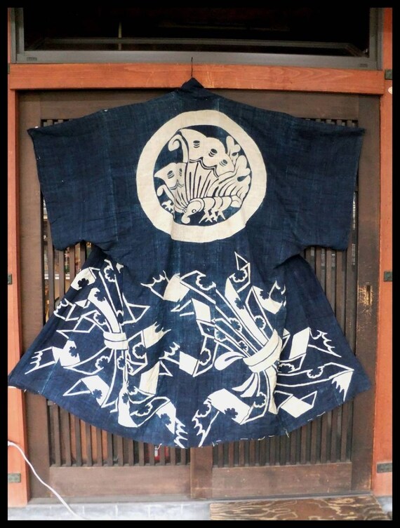 Antique Kimono Robe, Aizome Kimono, Japanese Aizom