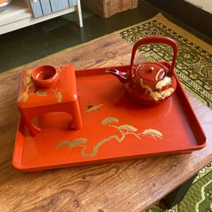 Antique Japanese Teapot set Urushi lacquered finish