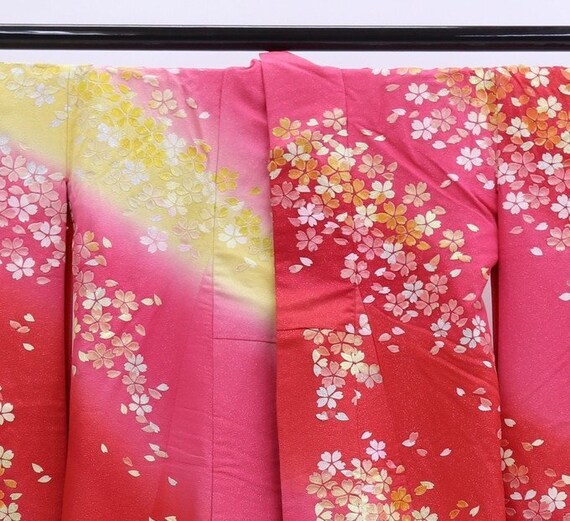 Authentic Kimono Vintage Red Bird, Furisode Red S… - image 2
