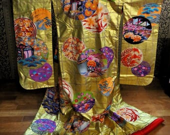 Japanese Gold Uchikake Wedding Kimono Robe Dress