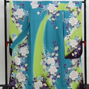 Furisode Kimono, Silk Furisode, Wedding Kimono Floral, Japanese Dress Long, Long Kimono Sleeves, Teal Green Kimono Robe, Vintage Kimono