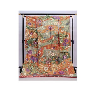 Furisode Kimono, Silk Furisode, Wedding Kimono Dress, Japanese Dress Long, Long Kimono Dress, Green Kimono Robe, Green Kimono Robe,