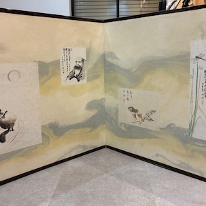 Large Japanese Antique panel folding screen Byobu stand