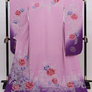 Vintage authentic kimono, Purple Furisode Kimono, Purple Furisode Floral, Kawaii Kimono Robe,
