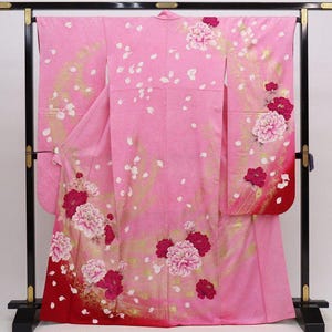 Furisode Kimono, Mod Kimono, Furisode de seda, vestido de kimono de boda, vestido japonés largo, kimono largo, bata de kimono rosa, bata de kimono floral