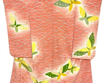 Furisode Kimono, Silk Furisode, Bröllop Kimono Furisode, Orange Kimono Robe, Yellow Kimono Robe, Batterfly Kimono,