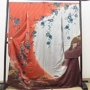 Furisode Kimono, Silk Furisode, Wedding Kimono Floral, Japanese Dress Long, Long Kimono Sleeves, Orange Kimono Robe, Vintage Kimono