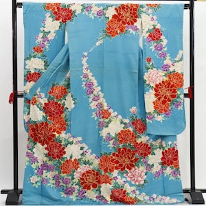 Furisode Kimono, Japanese Crane Bird, Silk Furisode, Wedding Kimono Dress, Japanese Dress Long, Long Kimono Dress, Blue Kimono Robe