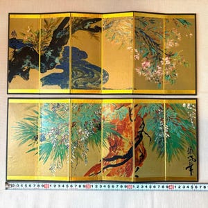 Small Japanese vintage Byobu panel folding screen set of 2
