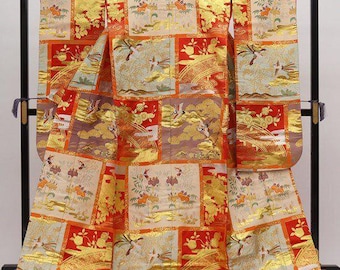 Vintage Japanese Uchikake Kimono, Gold Wedding Robe, Floral Embroidery