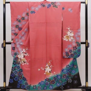 Kimono Furisode, Kimono Mod, Furisode de seda, Vestido kimono de boda, Vestido japonés largo, Kimono largo, Bata kimono rosa, Bata kimono floral