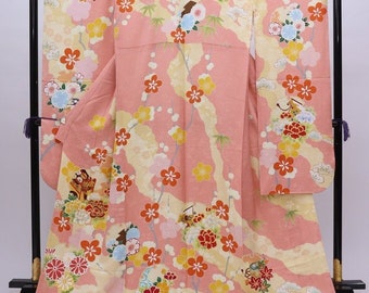 Authentic Kimono Vintage Pink Floral, Furisode Pink Silk, Pink Kimono Vintage, Wedding Kimono Dress, Pink Kimono Robe, Floral Kimono Robe