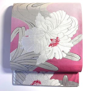 Authentic kimono obi, Obi Belt Kimono, White Obi, Silk Obi Belt, Vintage Obi, Japanese Fabric, Fukuro Obi, Pink Obi Sash, Floral obi,