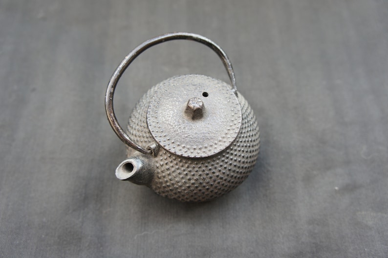 Op de afbeelding: Een kleine, zwarte gietijzeren theepot met een getextureerd, gebollet oppervlak en een rond deksel. De theepot heeft een enkele handgreep en een tuit.