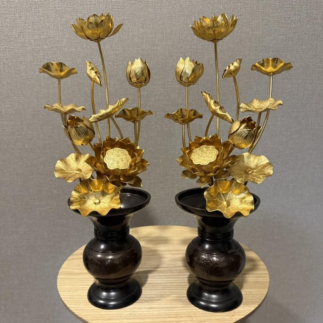 Japanese Vintage Buddhist Altar Ware Lotus Flower 370mm Tall Ornament ...