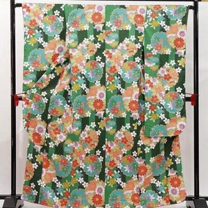 Furisode Kimono, Silk Furisode, Wedding Kimono Floral, Japanese Dress Long, Long Kimono Sleeves, Green Kimono Robe, Vintage Kimono