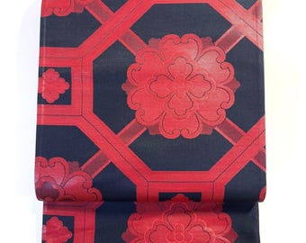 Black Obi Sash - Traditional Japanese Motifs - Fukuro Obi - Kimono