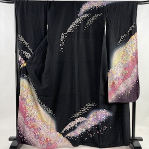 Furisode Kimono Black, Silk Furisode, Wedding Kimono Dress, Black Kimono Robe, Vintage Kimono, Kimono Mom, Kimono Girl,