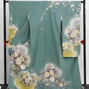 Furisode Kimono, Silk Furisode, Wedding Kimono Floral, Japanese Dress Long, Long Kimono Sleeves, Teal Green Kimono Robe, Vintage Kimono